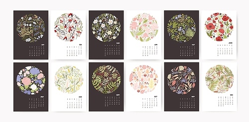 Calendar for 2019 year. Page templates with round seasonal floral decorative elements and months on black and white backgrounds. Effective monthly planner. Modern botanical vector illustration