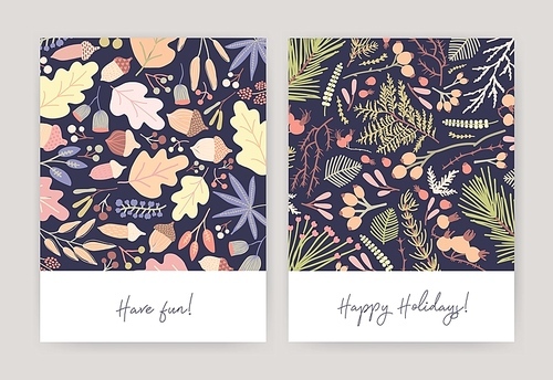 Bundle of seasonal card or postcard templates with autumn fallen leaves, acorns, coniferous tree branches, berries, fir needles on black background and holiday wishes. Colorful vector illustration.