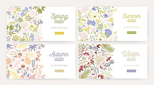 Collection of web banner templates with gorgeous blooming flowers, plants, leaves, berries and place for text on white background. Vector illustration for seasonal sale advertisement or promotion