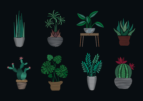 Satin stitch embroidery design templates collection. Trendy houseplants on black background