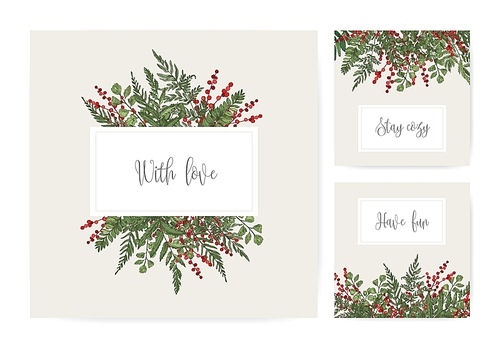 Collection of square card templates with ferns, wild herbs, green herbaceous plants, ilex or holly berries and wishes handwritten with cursive font. Gorgeous colorful realistic vector illustration