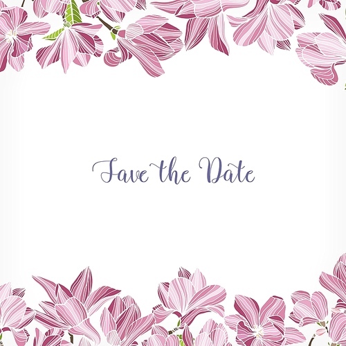 Save the Date card template decorated with floral border or frame made of pink blooming magnolia flowers. Square background with gorgeous flowering plants. Colored hand drawn vector illustration.