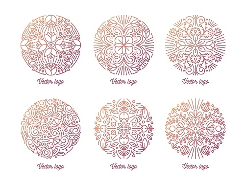 Bundle of elegant round oriental ornaments drawn with contour lines on white background. Set of circular ornate floral decorative motifs. Ornamental vector illustration in lineart style for logotype.