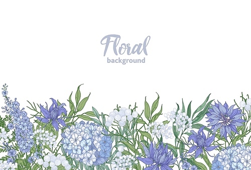 Floral horizontal backdrop decorated with spring blooming garden flowers growing at bottom edge on white background. Seasonal hand drawn realistic natural vector illustration in elegant vintage style