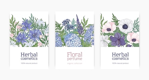 Bundle of card or flyer templates for herbal cosmetics and natural floral perfume advertisement decorated by blooming blue, pink and purple flowers and flowering plants. Elegant vector illustration