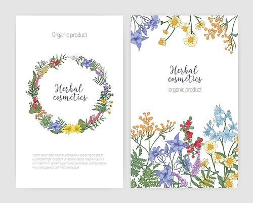 Collection of flyer or poster templates with frame made of blooming wild meadow flowers, round floral wreath and place for text. Elegant floral vector illustration for herbal cosmetics advertisement
