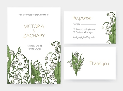Collection of romantic  invitation, Save The Date and response card templates decorated with wild lily of the valley flowers or flowering plants. Floral realistic vector illustration.
