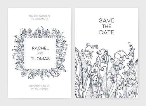 Set of  party invitation and Save The Date card templates with Lily of the valley flowers hand drawn with black contour lines on white background. Beautiful floral vector illustration.