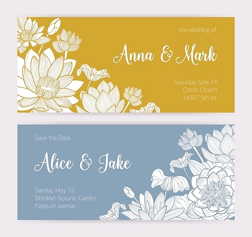 Elegant wedding invitation or Save the Date card templates with beautiful blooming lotus flowers hand drawn with contour lines on yellow and blue backgrounds and place for text. Vector illustration.