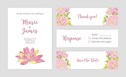 Set of wedding party invitation, Save the Date card, Response and Thank You note templates with blooming lotus flowers hand drawn on light background and place for text. Floral vector illustration.