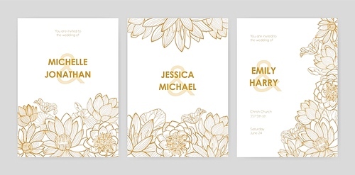 Bundle of wedding invitation card templates decorated with beautiful blooming lotus flowers, buds and leaves hand drawn with golden contour lines on white background. Natural vector illustration.