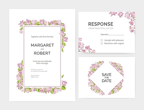 Set of gorgeous wedding invitation, save the date and response card templates decorated by magnolia tree flowers hand drawn on white background. Natural vector illustration for event celebration