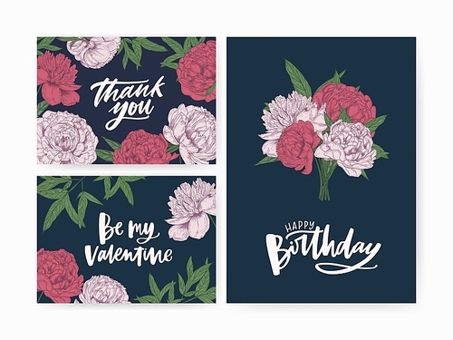 Bundle of Birthday and St. Valentines Day greeting card and Thank You note templates decorated with gorgeous blooming peonies. Colorful botanical vector illustration in elegant vintage style