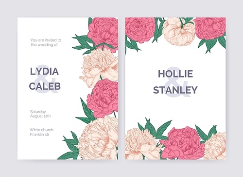 Set of beautiful wedding invitation or Save The Date card templates decorated with gorgeous blooming pink peony flowers. Floral vector illustration in elegant vintage style for event celebration