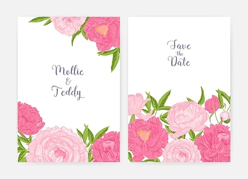 Bundle of wedding invitation and Save The Date card templates decorated with tender blooming pink peony flowers. Beautiful floral vector illustration in elegant vintage style for event celebration.