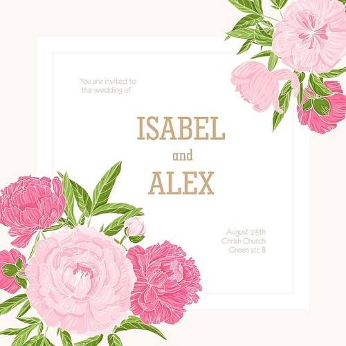 Square wedding invitation template decorated with blossoming pink peony flowers. Gorgeous garden flowering plants. Natural vector illustration in beautiful retro style for event celebration
