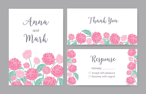 Collection of elegant templates for Save the Date card, wedding invitation or thank you note with hand drawn roses, gorgeous blooming garden flowers, floral decorations. Natural vector illustration