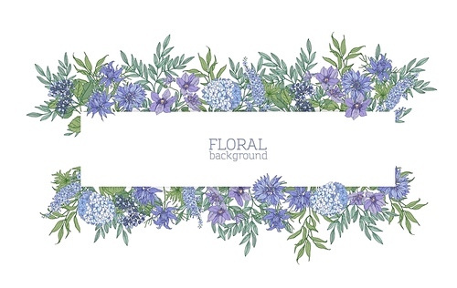 horizontal background or banner surrounded by gorgeous blue wild blooming flowers and  meadow flowering plants. elegant floral backdrop. colorful realistic natural vector illustration.