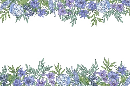 Floral horizontal background with decorative border consisted of gorgeous wild blooming flowers and flowering herbs hand drawn on white background. Elegant realistic colorful vector illustration.