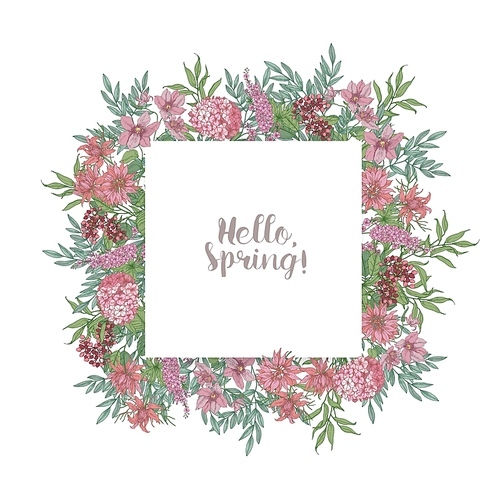 Botanical square decorative border or frame made of beautiful pink wild blooming flowers and flowering herbs hand drawn on white background. Natural realistic vector illustration in vintage style.