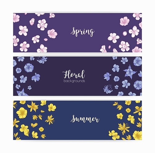 Bundle of floral banner templates with spring and summer blooming wild flowers and flowering plants. Set of decorative natural backdrops. Seasonal botanical vector illustration in vintage style