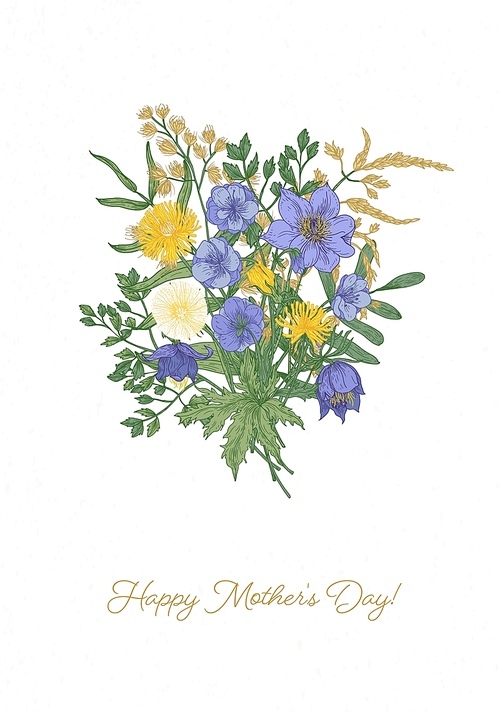 Beautiful bouquet or bunch of purple and yellow meadow blooming flowers and wild flowering plants on white background. Gorgeous floral decoration or seasonal gift. Natural vector illustration