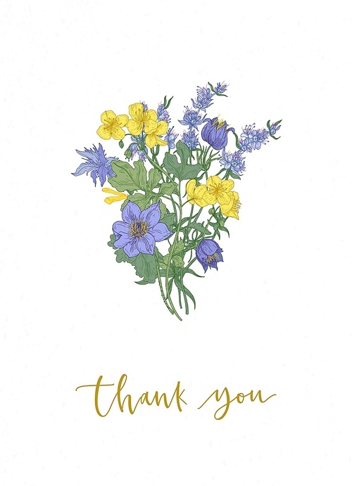 Floral card template with gorgeous bouquet or bunch of purple and yellow meadow blooming flowers and wild flowering herbs on white background and Thank You inscription. Realistic vector illustration
