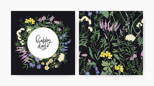 Square decorative card template with Happy Day wish and meadow blooming flowers and wild flowering plants on black background. Round floral decoration and texture. Botanical vector illustration