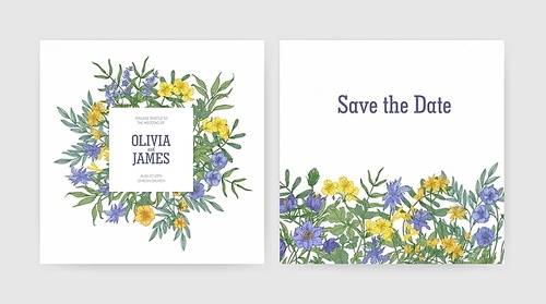 Wedding party invitation and Save The Date card templates decorated with beautiful yellow and purple blooming wild flowers and flowering herbs on white background. Botanical vector illustration