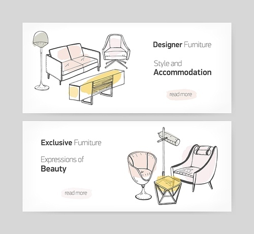 Collection of trendy web banner templates with hand drawn stylish comfortable furnishings and place for text. Colored realistic vector illustration for furniture store advertisement, promotion.