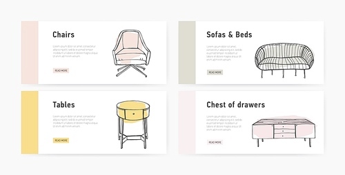 Bundle of web banner templates with various types of cozy furnishings in trendy Scandic style and place for text. Colorful hand drawn vector illustration for furniture shop advertisement, promotion.