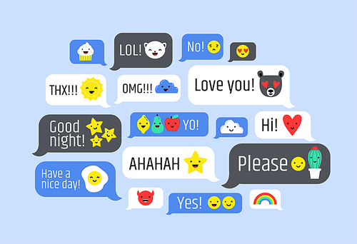 Cloud of messages with cute emoji. Speech bubbles with text and smileys. Ideograms or funny symbols to express different emotions in electronic chatting or messaging. Colorful vector illustration