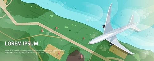 Horizontal banner with airplane flying above seashore or ocean coast, road and houses, aerial view. Flight of passenger airliner and place for text. Modern colorful vector illustration in flat style.
