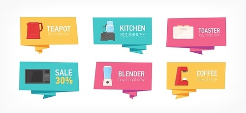 Collection of banners with kitchen utensils and household appliances isolated on white . Bundle of badges with cooking facilities or electric tools. Flat colorful vector illustration