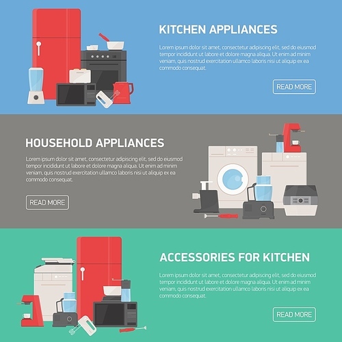 Collection of horizontal banners with household and kitchen appliances, accessories, utensils, electronic and manual tools and place for text. Modern colorful vector illustration in flat style.