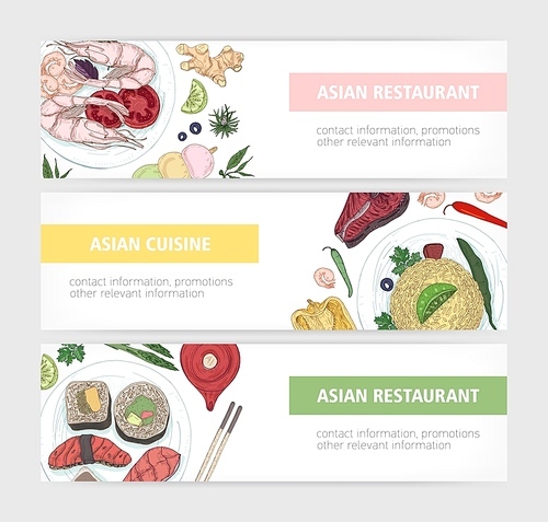 Collection of web banner templates with tasty traditional meals of Asian cuisine lying on plates and place for text on white background. Colored hand drawn vector illustration for restaurant promo.
