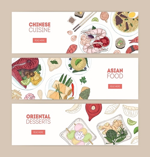 Collection of horizontal web banners with Asian cuisine meals and desserts lying on plates hand drawn on white background. Colorful vector illustration for restaurant or food delivery service promo