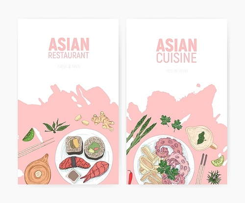 Set of colorful flyer templates with sushi and seafood meals lying on plates hand drawn on white background. Realistic vector illustration for Asian restaurant or food delivery service promotion.