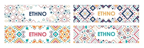 Bundle of horizontal web banners decorated with traditional American Indian ornaments or trendy geometric patterns in ethnic style. Vector illustration with bright colored decorative tribal motifs