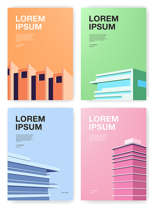Set of posters. Backgrounds with abstract architecture. Vertical placard with place for text. Colorful vector illustration.