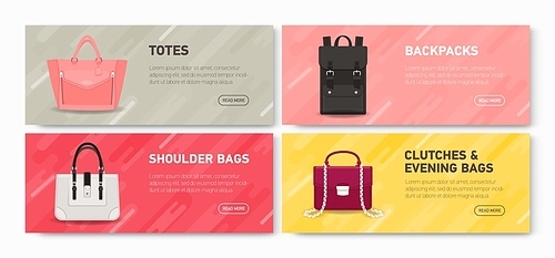 Collection of horizontal web banner templates with stylish backpack and handbags of different types and place for text. Colorful vector illustration for bag store or boutique promotion, advertisement.
