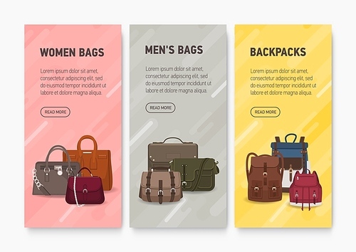Collection of colorful vertical web banner templates with men's and women's handbags, backpacks and place for text. Modern vector illustration for bag shop or boutique promotion, advertisement.
