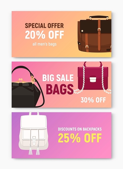 bundle of horizontal banner,  or voucher templates with trendy elegant bags and handbags of different types and place for text. colored vector illustration for shop or store sale promotion.