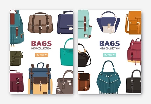 Set of vertical banner, flyer or poster templates with stylish bags, backpacks and handbags of different types and place for text. Colorful vector illustration for accessory shop advertisement.