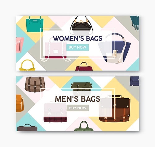 Bundle of horizontal web banner templates with men's and women's bags and handbags. Bright colored flat vector illustration for fashionable accessories store or luxury boutique promotion, advertising.