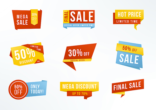 Collection advertising badges. Set of promotional labels with lettering sale, discount.