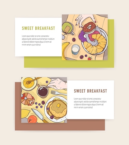 Bundle of horizontal banner templates with tasty breakfast meals or delicious morning food lying on plates and place for text. Colorful vector illustration for cafe or restaurant advertisement.