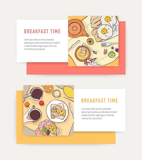 Set of horizontal web banner templates with tasty breakfast meals lying on plates - fried eggs, toasts, sandwiches. Colored vector illustration for cafe or restaurant advertisement, promotion.