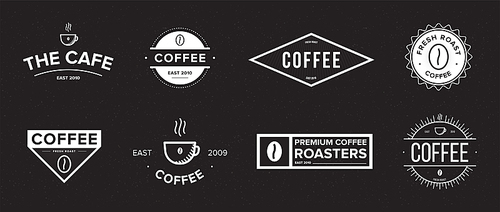 Set of coffee label. Different logo, badge, emblem collection on black background. Vector black and white illustrations