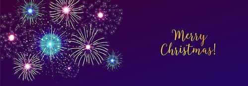 Horizontal web banner with fireworks displaying in dark evening sky and Merry Christmas holiday wish. Xmas celebration, festive breathtaking pyrotechnics show. Bright colored vector illustration.